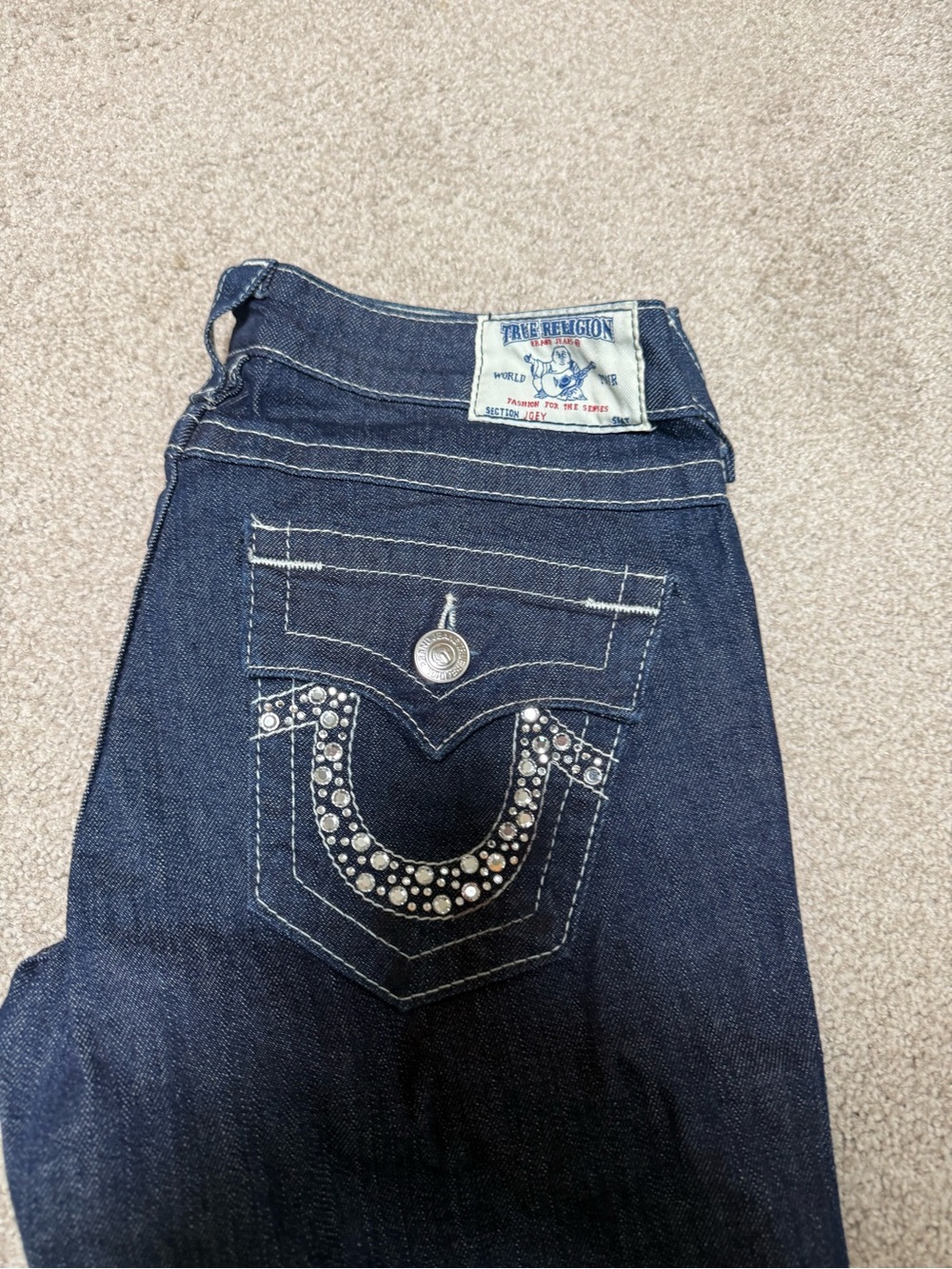 True Religion Women’s Dark Blue Rhinestone Horseshoe Bootcut Jeans